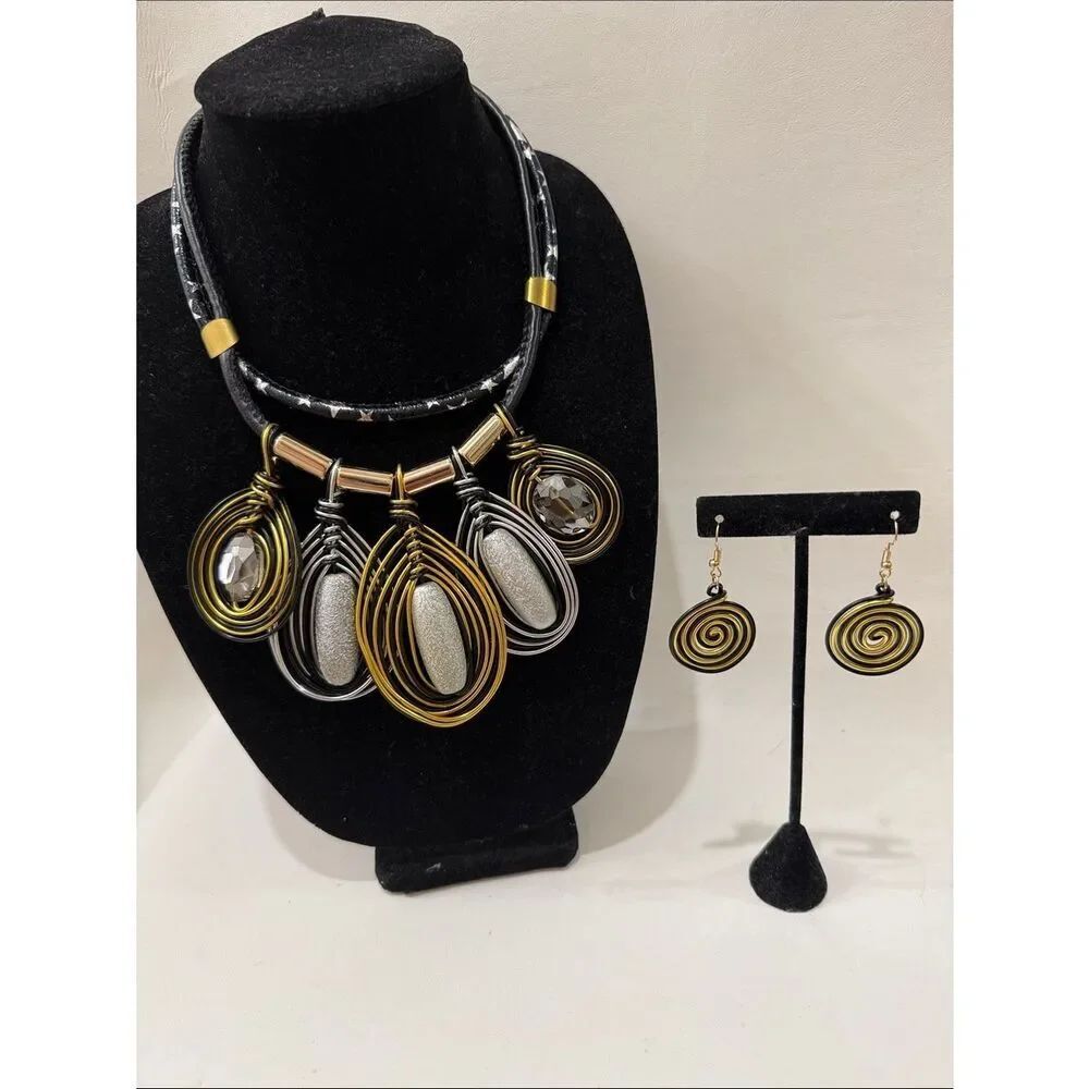 Bohemian Gold Black Spiral Teardrop Adjustable Necklace Matching Pierced Earring